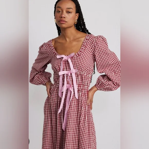 DAMSON MADDER Dakota Red Gingham Bow Midi Dress EU 8/US 4 - Picture 3 of 13